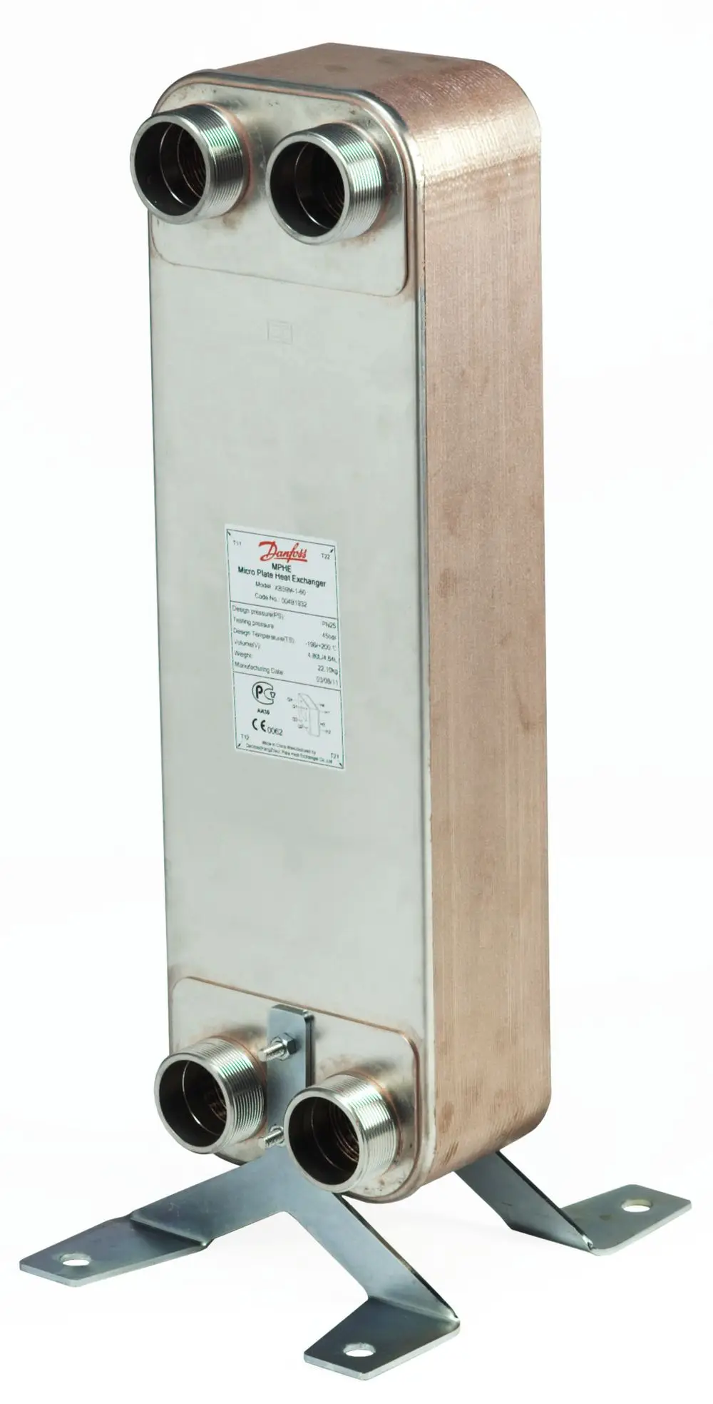 Gelöteter Wärmeübertrager von Danfoss, rechteckige Bauform mit zwei Anschlüssen und Metallbefestigung, zur Wärmeübertragung in technischen Anwendungen.